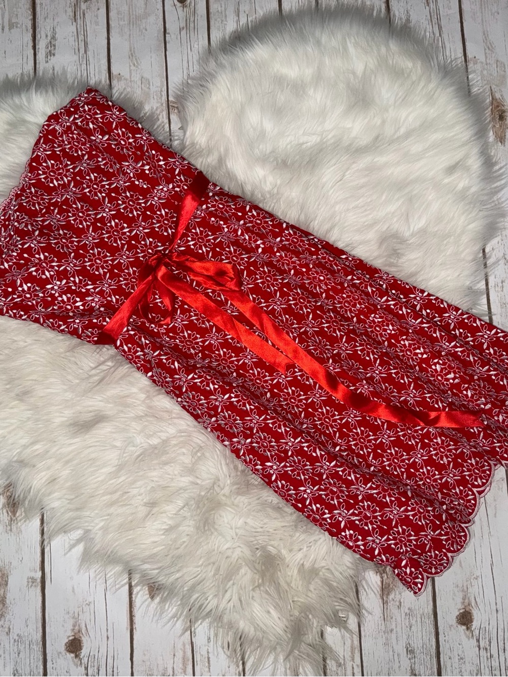 Moda International Red Floral Tie-Waist Midi Skirt with Red & White Lace Detail